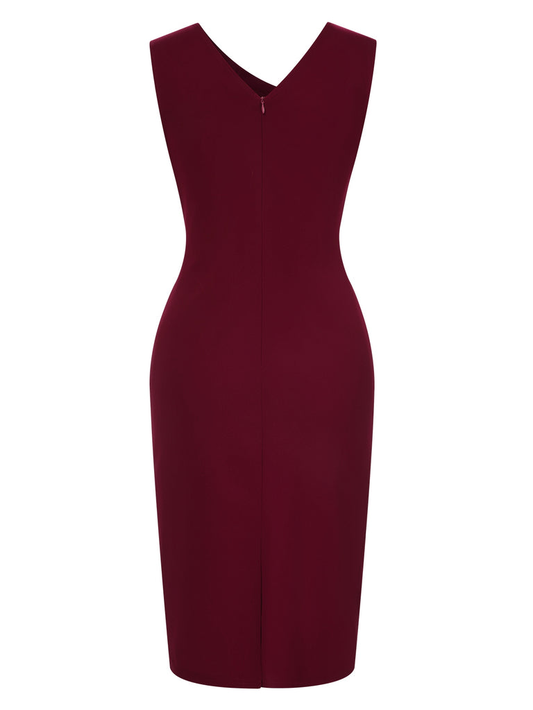 Wine Red 1960s Solid Ruffle Trim Pencil Dress, vintage dress, retro fashion - perfect for women who love vintage and retro fashion