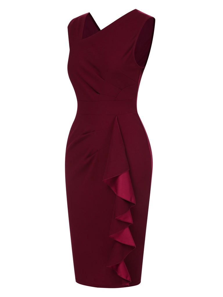 Wine Red 1960s Solid Ruffle Trim Pencil Dress, vintage dress, retro fashion - perfect for women who love vintage and retro fashion