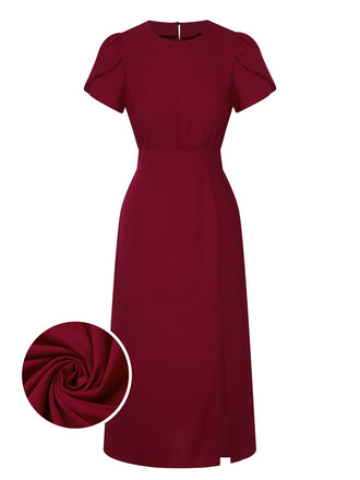 Wine Red 1960s Solid Side Slit Dress, vintage dress, retro fashion - perfect for women who love vintage and retro fashion