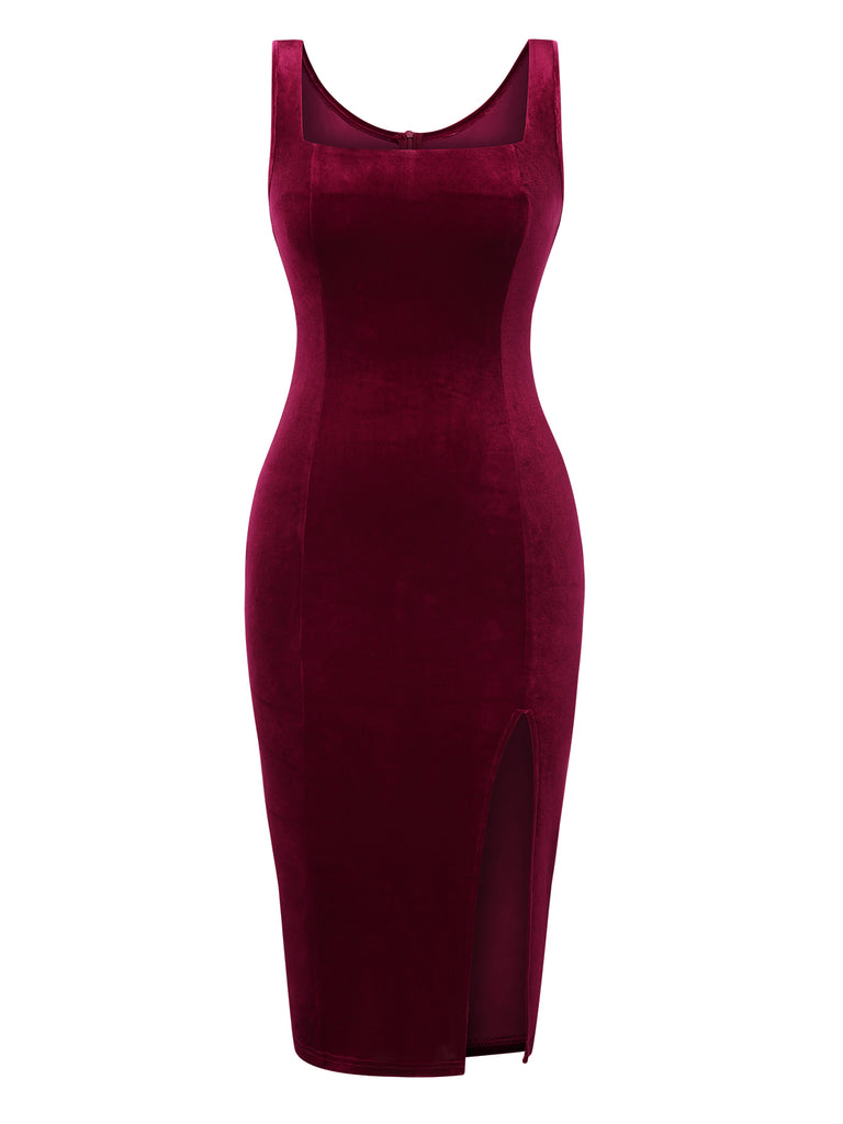 Wine Red 1960s Solid U-Neck Velvet Slit Dress, vintage dress, retro fashion - perfect for women who love vintage and retro fashion