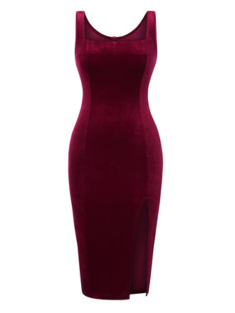 Wine Red 1960s Solid U-Neck Velvet Slit Dress, vintage dress, retro fashion - perfect for women who love vintage and retro fashion