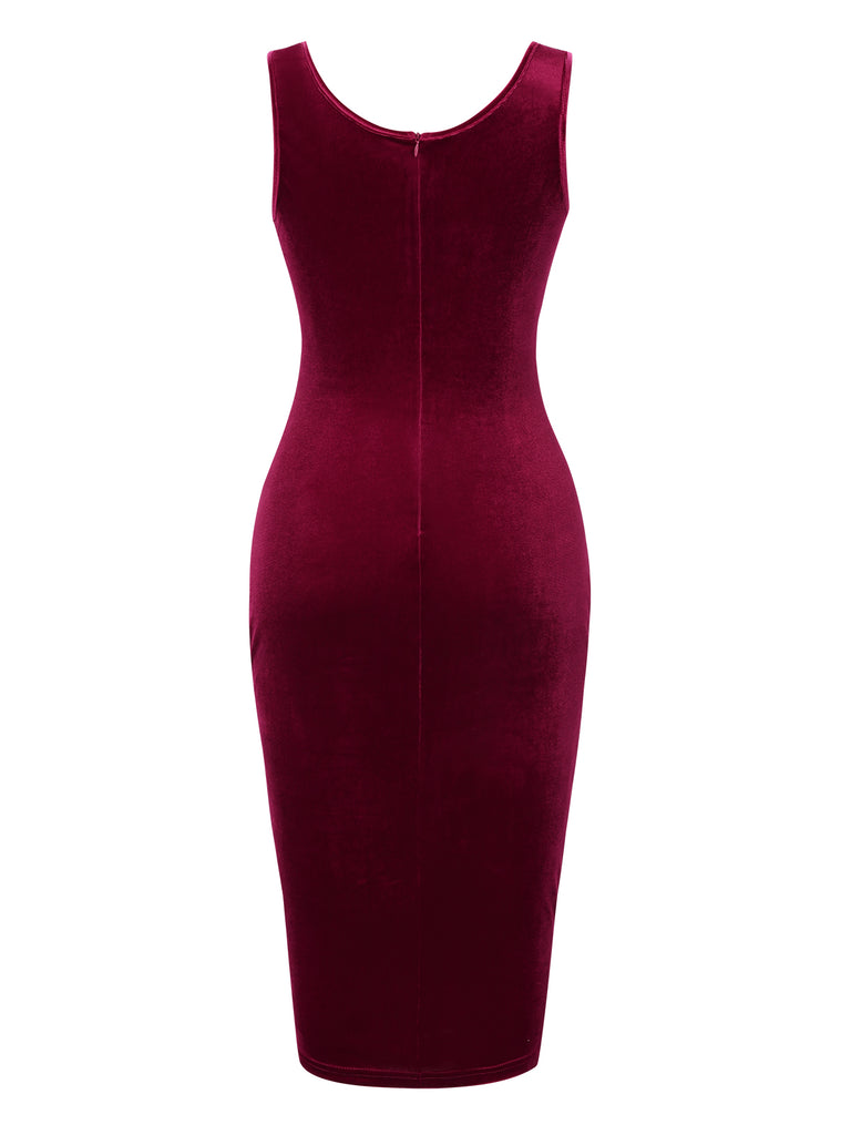 Wine Red 1960s Solid U-Neck Velvet Slit Dress, vintage dress, retro fashion - perfect for women who love vintage and retro fashion