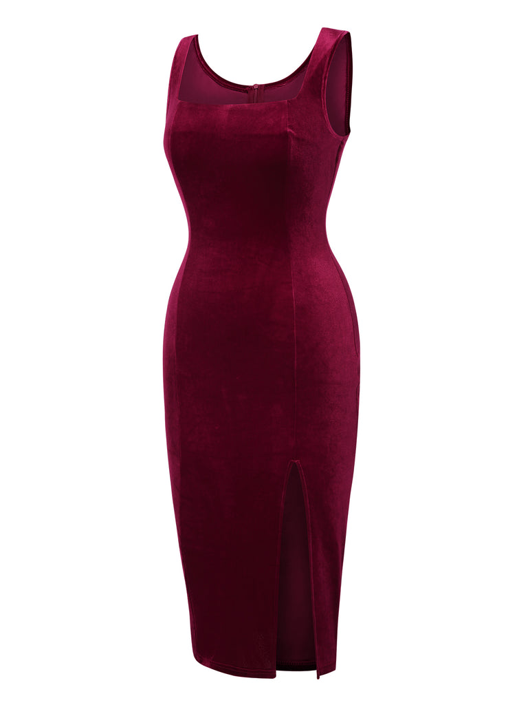 Wine Red 1960s Solid U-Neck Velvet Slit Dress, vintage dress, retro fashion - perfect for women who love vintage and retro fashion