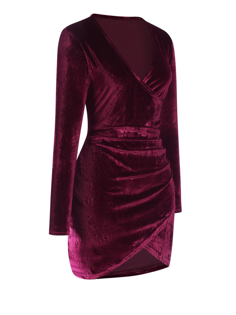 Wine Red 1960s Solid V-Neck Wrap Dress, vintage dress, retro fashion - perfect for women who love vintage and retro fashion