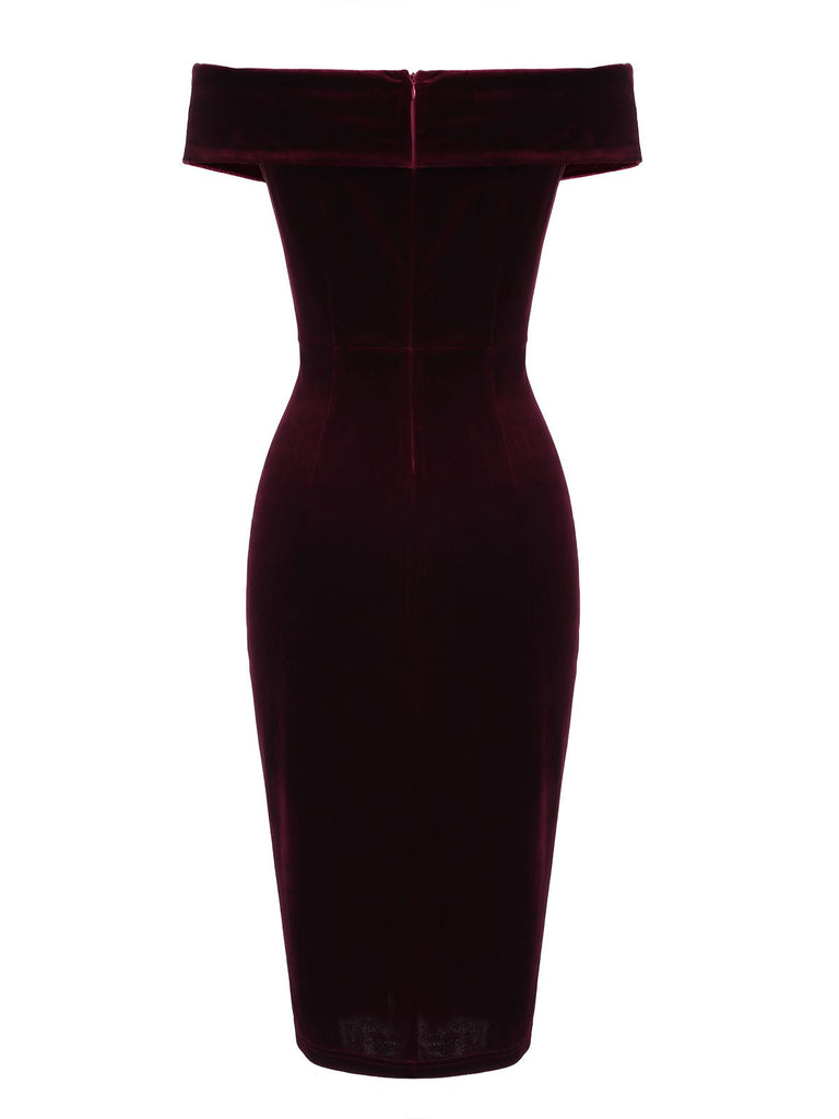 She slips into this Wine Red 1960s Velvet Bodycon Dress and suddenly it's a 1960s daydream