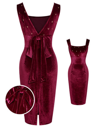 Wine Red 1960s Velvet Elk Bow Dress, vintage dress, retro fashion - perfect for women who love vintage and retro fashion