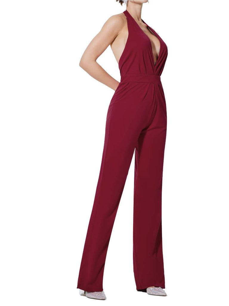 Wine Red 1970s Halter Deep V-Neck Pockets Jumpsuit - vintage jumpsuit, retro fashion, elegant red