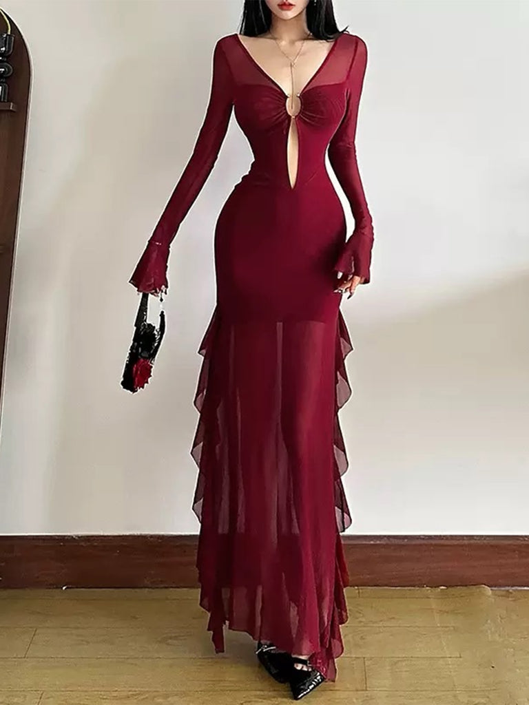 Wine Red 1970s Sheer Mesh Ruffle Maxi Dress - vintage dress, retro fashion, elegant red