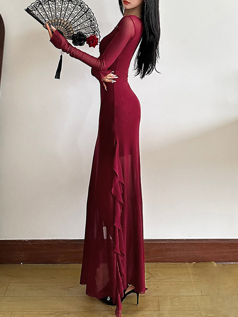 Wine Red 1970s Sheer Mesh Ruffle Maxi Dress - vintage dress, retro fashion, elegant red