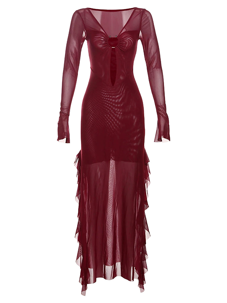 Wine Red 1970s Sheer Mesh Ruffle Maxi Dress - vintage dress, retro fashion, elegant red