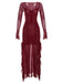 Wine Red 1970s Sheer Mesh Ruffle Maxi Dress - vintage dress, retro fashion, elegant red