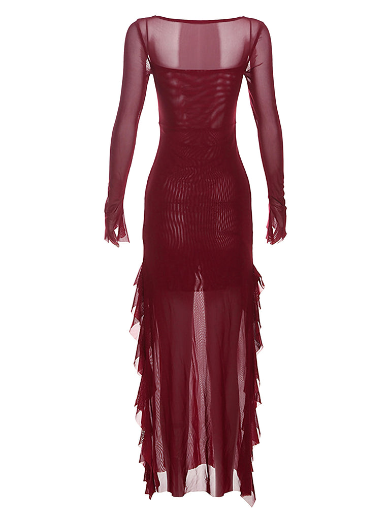 Wine Red 1970s Sheer Mesh Ruffle Maxi Dress - vintage dress, retro fashion, elegant red