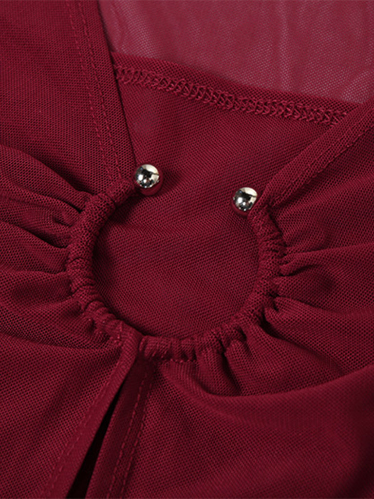 Wine Red 1970s Sheer Mesh Ruffle Maxi Dress - vintage dress, retro fashion, elegant red