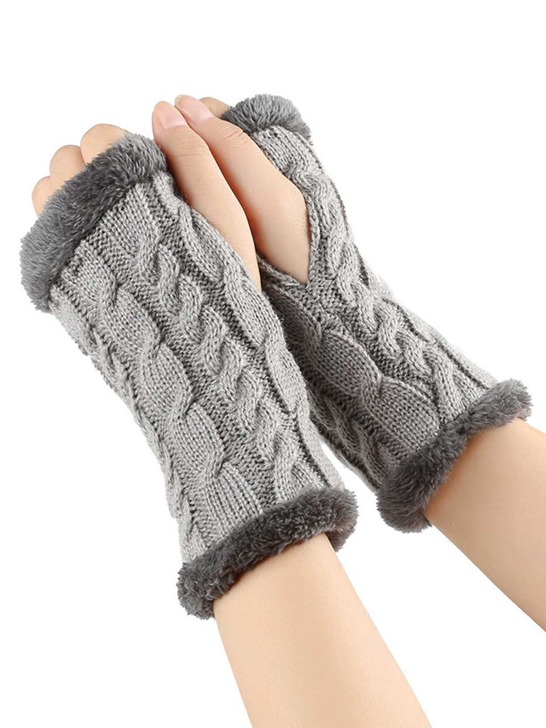 Winter Faux Fur Trim Knit Fingerless Gloves - vintage fashion, retro style