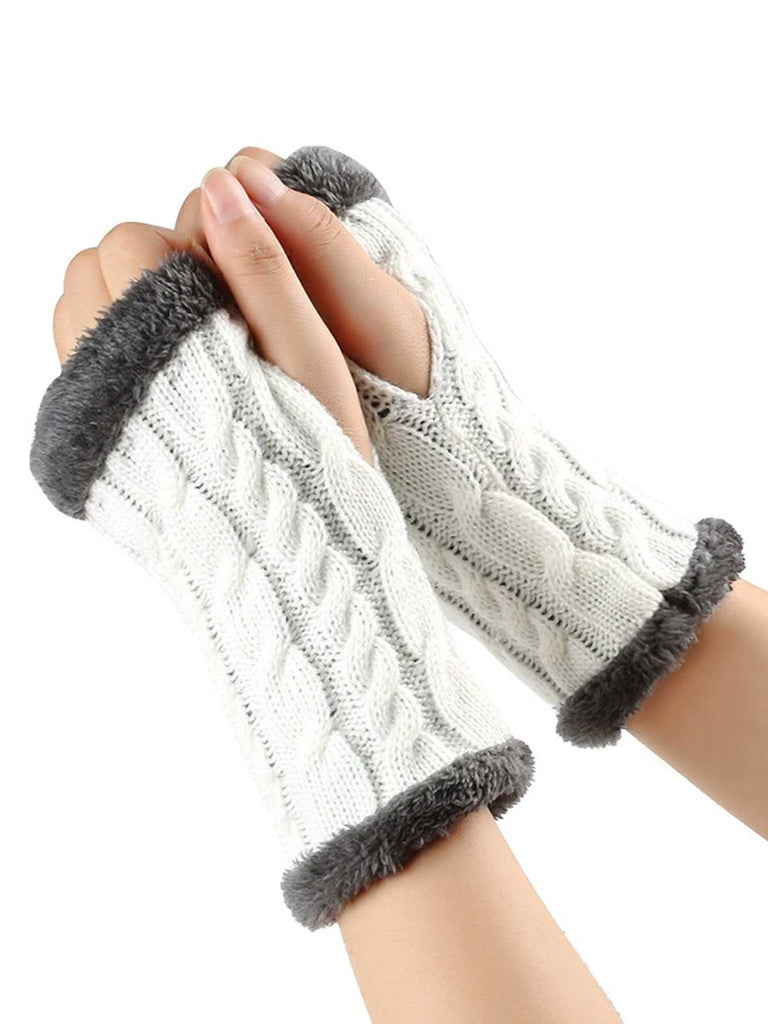 Winter Faux Fur Trim Knit Fingerless Gloves - vintage fashion, retro style