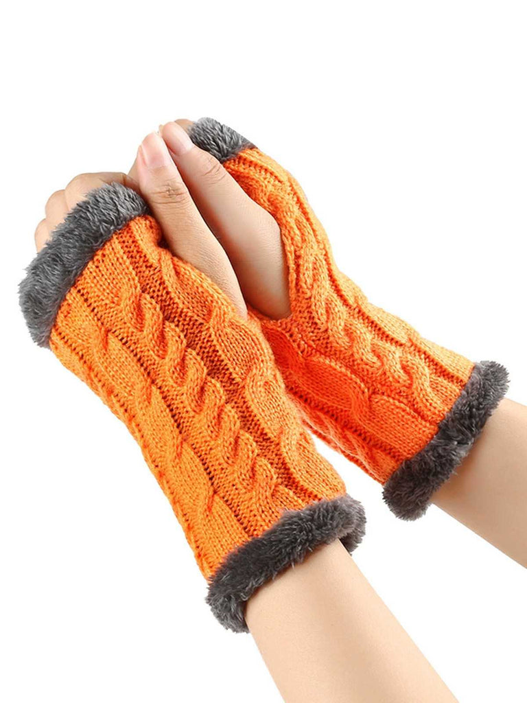 Winter Faux Fur Trim Knit Fingerless Gloves - vintage fashion, retro style