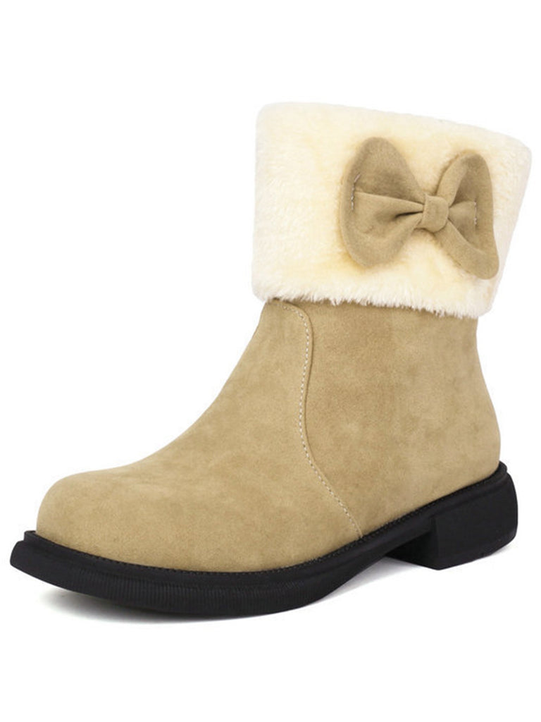 Winter Plush Trim Bow Round Toe Ankle Boots - vintage fashion, retro style