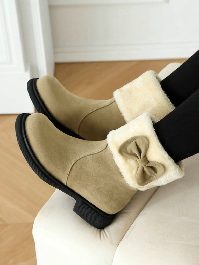Winter Plush Trim Bow Round Toe Ankle Boots - vintage fashion, retro style