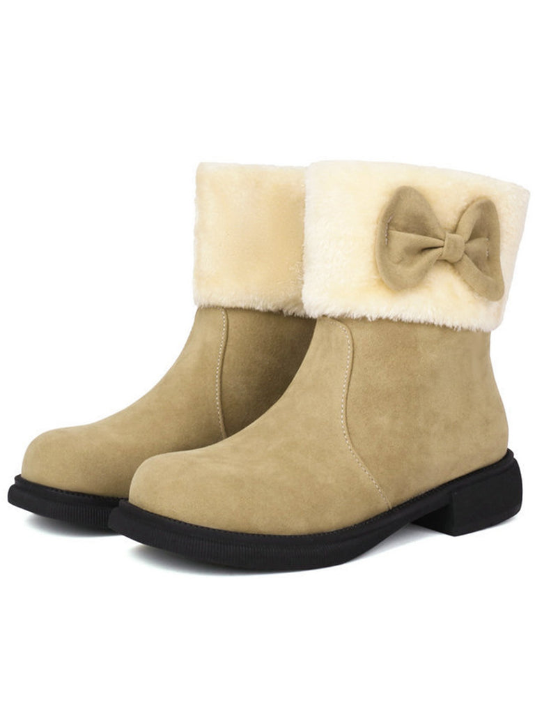 Winter Plush Trim Bow Round Toe Ankle Boots - vintage fashion, retro style