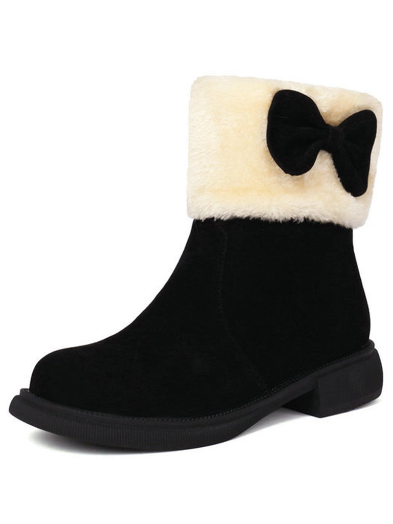 Winter Plush Trim Bow Round Toe Ankle Boots - vintage fashion, retro style
