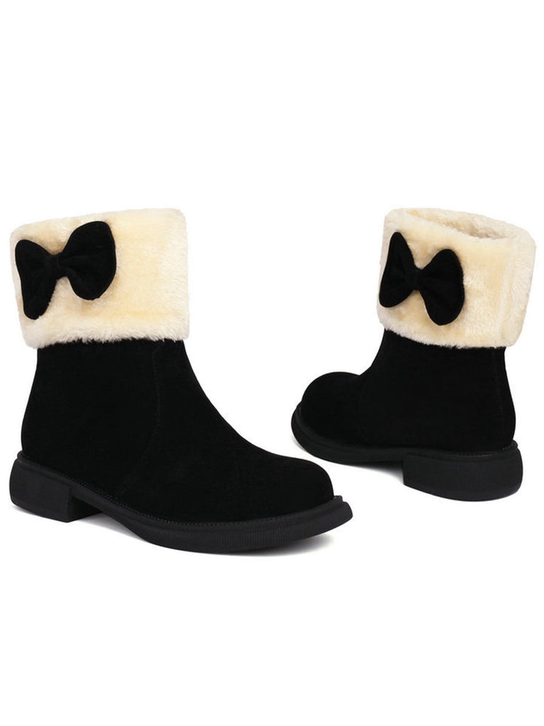 Winter Plush Trim Bow Round Toe Ankle Boots - vintage fashion, retro style