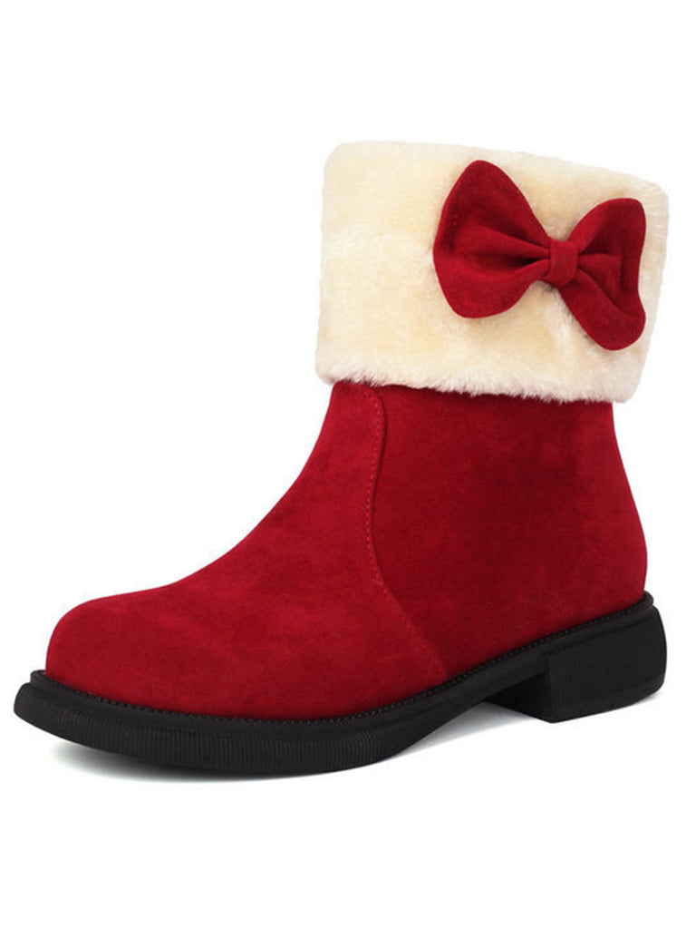 Winter Plush Trim Bow Round Toe Ankle Boots - vintage fashion, retro style