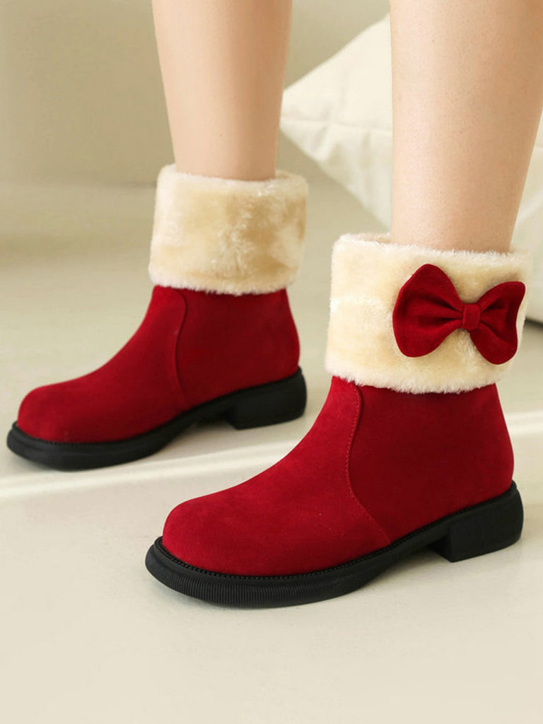 Winter Plush Trim Bow Round Toe Ankle Boots - vintage fashion, retro style