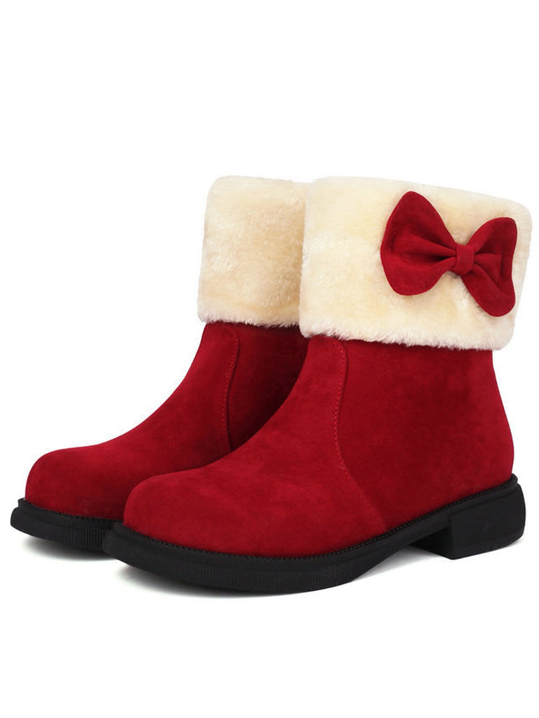 Winter Plush Trim Bow Round Toe Ankle Boots - vintage fashion, retro style