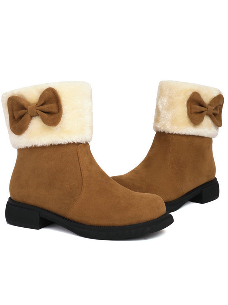 Winter Plush Trim Bow Round Toe Ankle Boots - vintage fashion, retro style