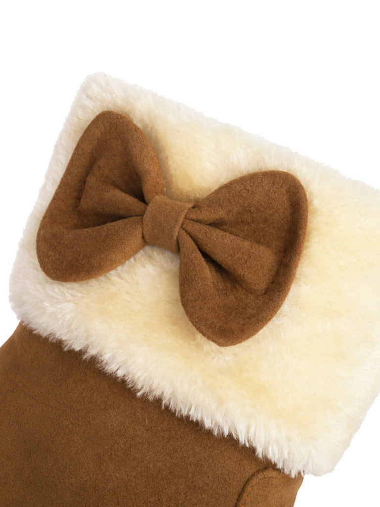 Winter Plush Trim Bow Round Toe Ankle Boots - vintage fashion, retro style