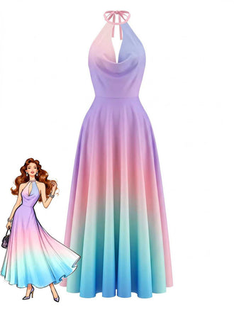 Y2K Cowl Neck Halter Sleeveless Gradient Dress - vintage dress, retro fashion, elegant style for vintage lovers