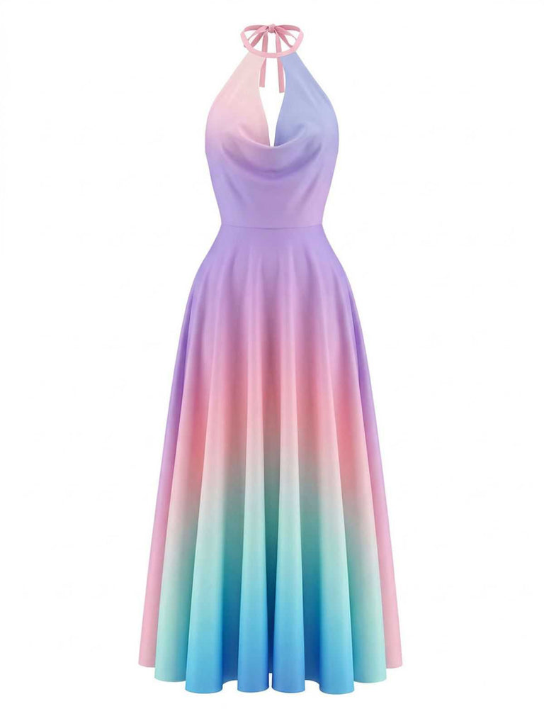 Y2K Cowl Neck Halter Sleeveless Gradient Dress: beautiful vintage dress, retro fashion, elegant style with timeless appeal