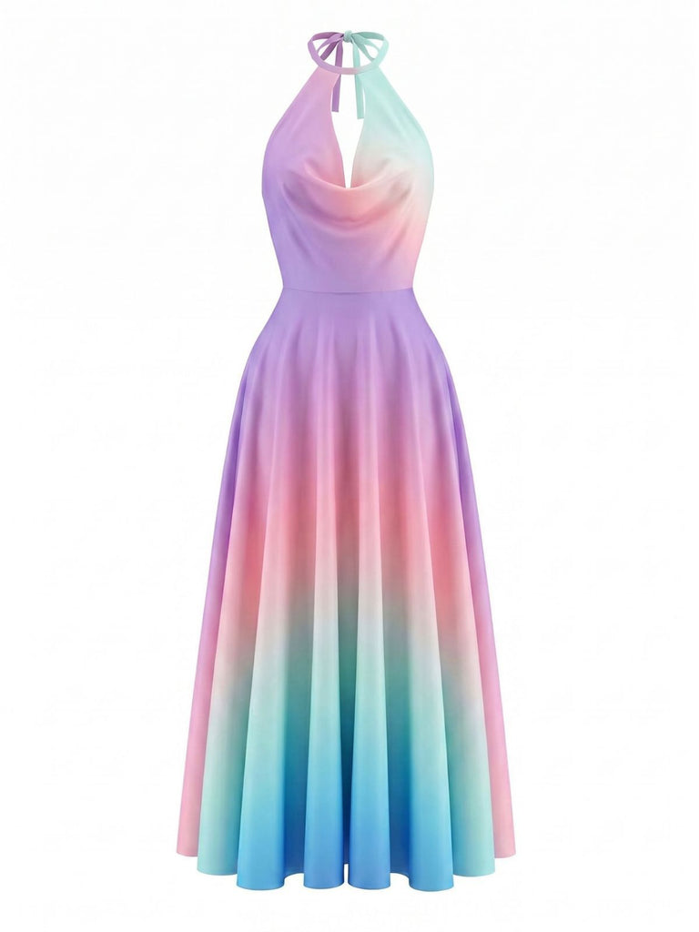 Y2K Cowl Neck Halter Sleeveless Gradient Dress, vintage dress, retro fashion - perfect for women who love vintage and retro fashion