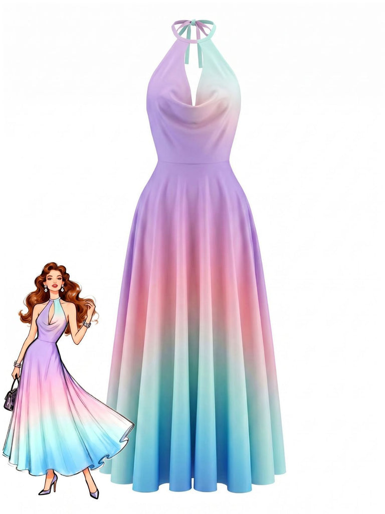 Y2K Cowl Neck Halter Sleeveless Gradient Dress, vintage dress, retro fashion - perfect for women who love vintage and retro fashion