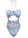 Y2K Denim Print Halter Cut-Out One-Piece Swimsuit - vintage swimsuit, pin-up style
