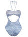 Y2K Denim Print Halter Cut-Out One-Piece Swimsuit - vintage swimsuit, pin-up style