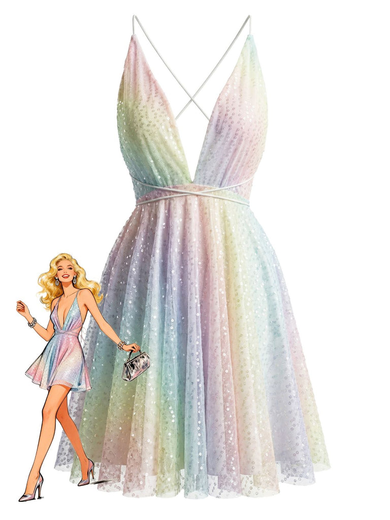 Y2K Rainbow Sequins Deep V-Neck Backless Dress - vintage dress, retro fashion