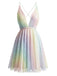 Y2K Rainbow Sequins Deep V-Neck Backless Dress - vintage dress, retro fashion