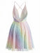 Y2K Rainbow Sequins Deep V-Neck Backless Dress - vintage dress, retro fashion