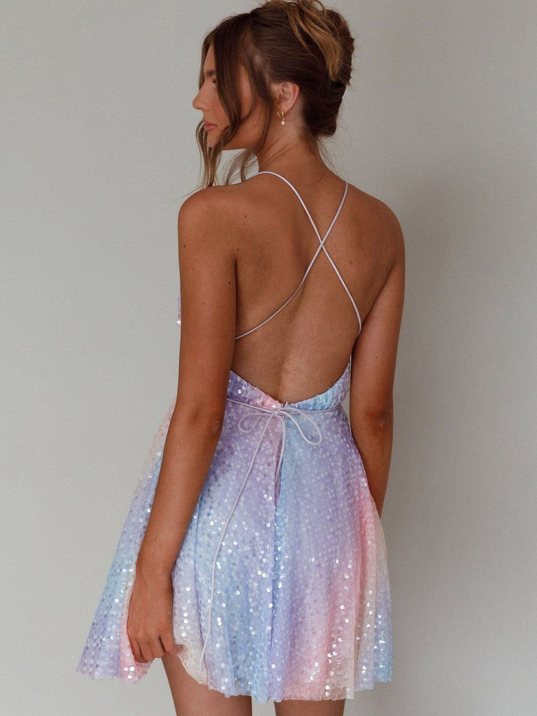 Y2K Rainbow Sequins Deep V-Neck Backless Dress - vintage dress, retro fashion