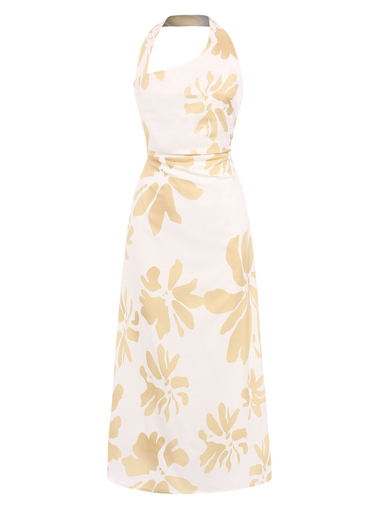 Yellow 1930s Asymmetric Neckline Floral Dress: where 1930s romance meets her modern spirit
