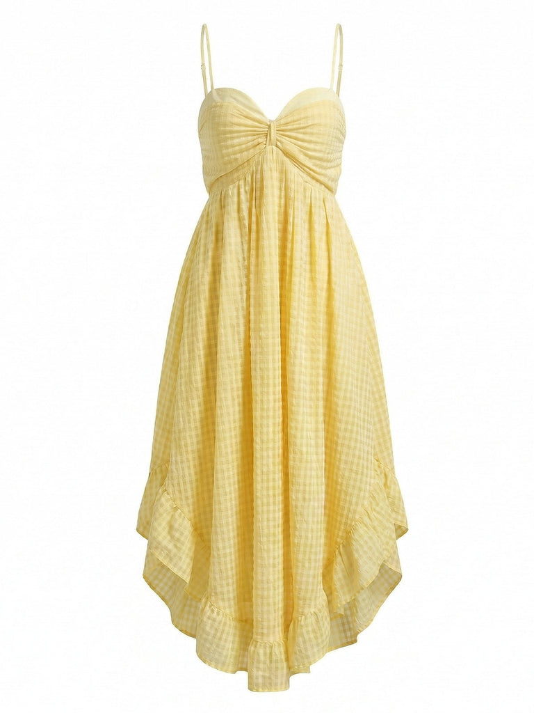 Yellow 1930s Gingham Spaghetti Strap Backless Ruffled Midi Dress - vintage dress, retro fashion for vintage lovers