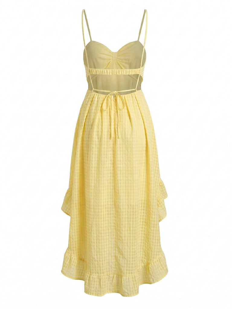 Yellow 1930s Gingham Spaghetti Strap Backless Ruffled Midi Dress - vintage dress, retro fashion for vintage lovers