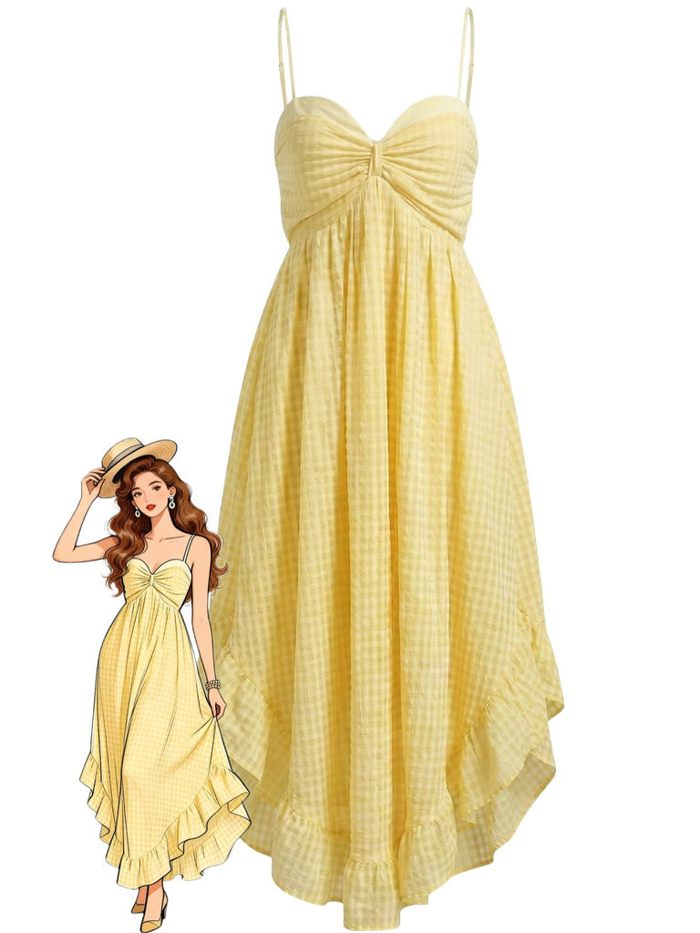 Yellow 1930s Gingham Spaghetti Strap Backless Ruffled Midi Dress - vintage dress, retro fashion for vintage lovers
