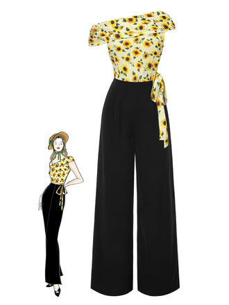 She finds her 1930s story in this Yellow 1930s Sunflower Oblique Neck Jumpsuit