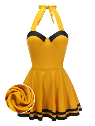 Yellow 1940s Contrast Halter Patchwork Swimsuit, vintage swimsuit, pin-up swimwear - perfect for women who love vintage and retro fashion