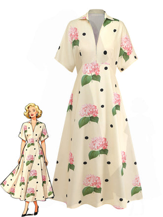 Yellow 1940s Fitted Waist Print V-Neck Long Dress - vintage dress, retro fashion
