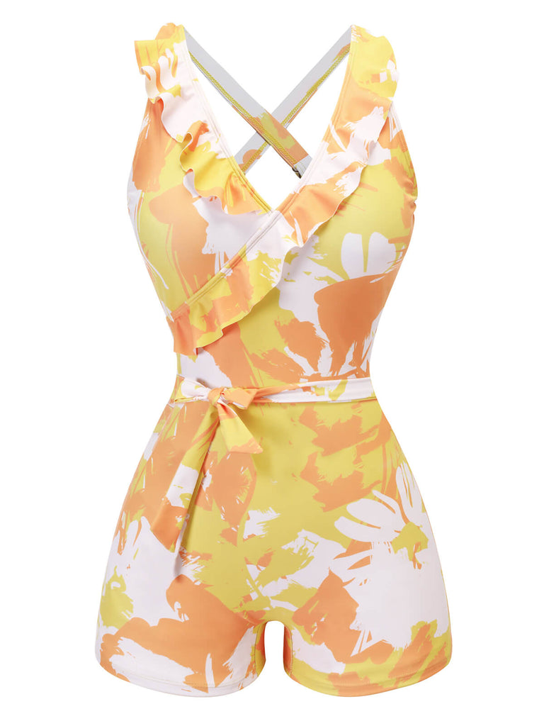 Yellow 1940s Painting Plants Lace-Up Swimsuit, vintage swimsuit, pin-up swimwear - perfect for women who love vintage and retro fashion