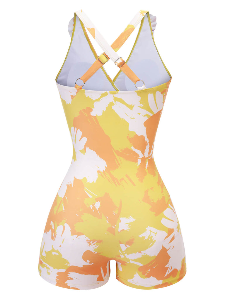 Yellow 1940s Painting Plants Lace-Up Swimsuit, vintage swimsuit, pin-up swimwear - perfect for women who love vintage and retro fashion