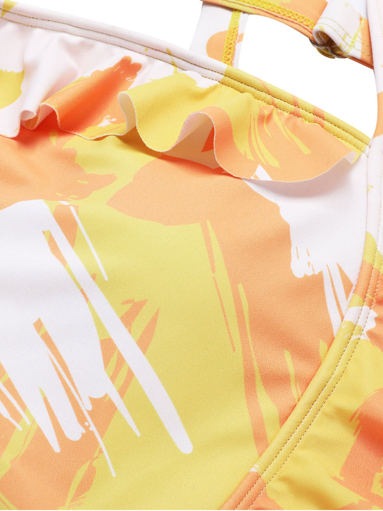 Yellow 1940s Painting Plants Lace-Up Swimsuit, vintage swimsuit, pin-up swimwear - perfect for women who love vintage and retro fashion